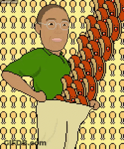 A Pixel Art Of A Man With Glasses Holding A Bunch Of Bread GIF
