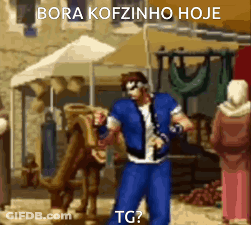 A Pixel Art Of A Man With The Words Bora Kofzinho Hoje Tg Written On The Bottom GIF