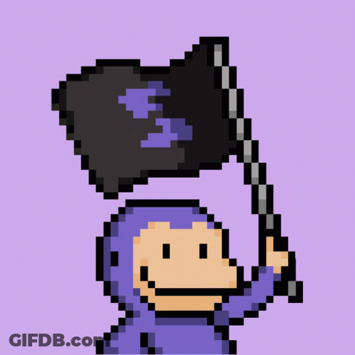 A Pixel Art Of A Monkey Holding A Black Flag With The Letter V On It GIF