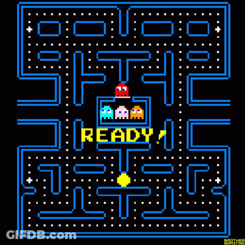 A Pixel Art Of A Pac Man Game With A Ready Message GIF