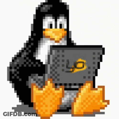 A Pixel Art Of A Penguin Using A Laptop With The Word Yo On It GIF
