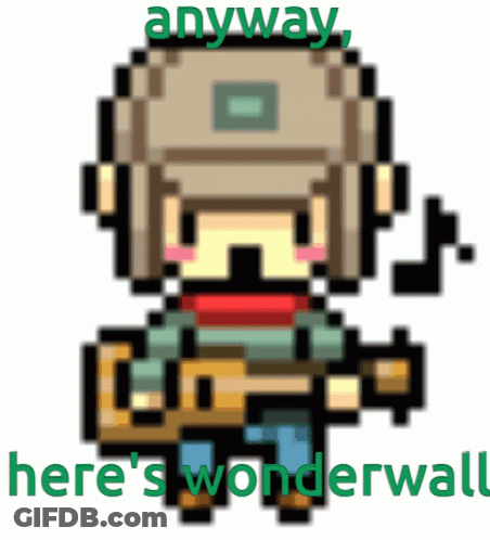 A Pixel Art Of A Person Holding A Guitar With The Words Anyway Here 'S Wonderwall Below It GIF