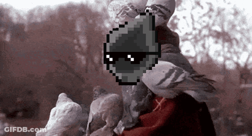 A Pixel Art Of A Person Holding A Pigeon With Sunglasses On Their Head GIF