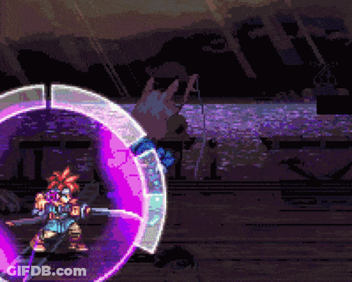 A Pixel Art Of A Person Holding A Sword In A Purple Circle . GIF