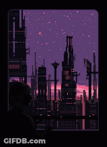 A Pixel Art Of A Person Looking Out A Window At Night GIF