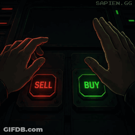 A Pixel Art Of A Person Pressing A Sell Button In A Dark Room GIF