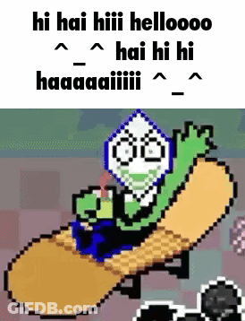 A Pixel Art Of A Person Riding A Snowboard With The Words `` Hi Hai Hii Hellooooo Hai Hi Hi Haaaaiiii '' . GIF