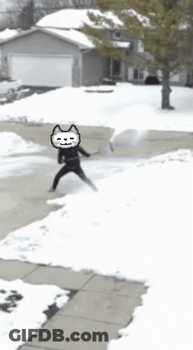 A Pixel Art Of A Person Shoveling Snow With A Cat Face GIF