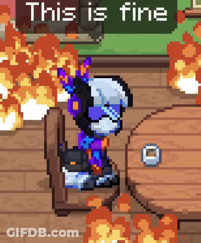 A Pixel Art Of A Person Sitting At A Table With A Sign That Says This Is Fine Behind Them GIF