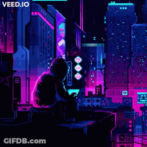 A Pixel Art Of A Person Sitting On Top Of A Building GIF