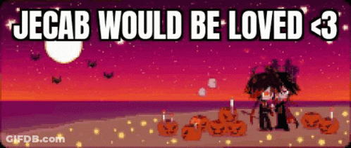 A Pixel Art Of A Person Standing In Front Of Pumpkins With The Words `` Jecab Would Be Loved < 3 '' . GIF