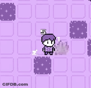 A Pixel Art Of A Person Standing Next To A Flower In A Purple Room . GIF