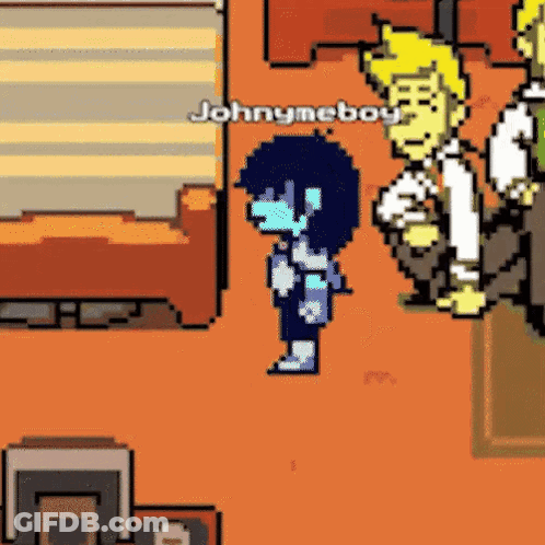 A Pixel Art Of A Person Standing Next To A Man In A Room . GIF