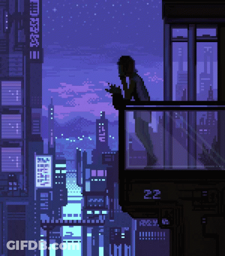 A Pixel Art Of A Person Standing On A Balcony With The Number 22 Visible GIF