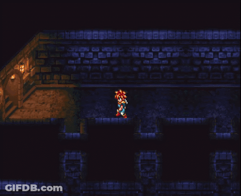 A Pixel Art Of A Person Standing On A Bridge With Mountains In The Background GIF