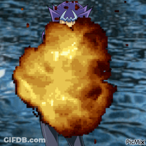 A Pixel Art Of A Person With A Large Explosion Behind Them With Picmix In The Bottom Right Corner GIF