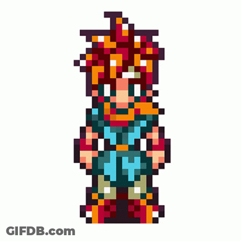 A Pixel Art Of A Person With Red Hair And A Blue Shirt GIF
