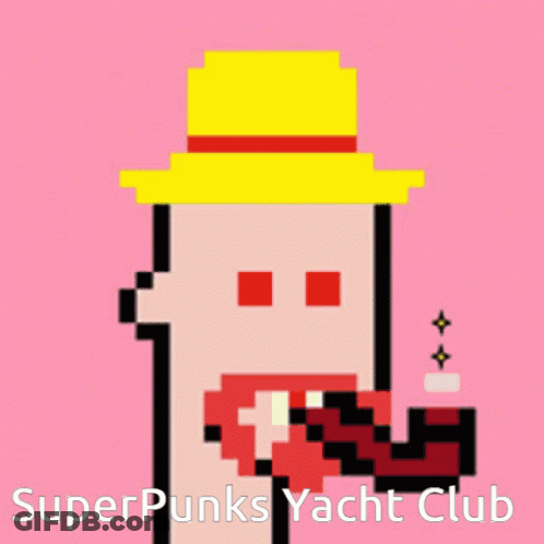 A Pixel Art Of A Person With The Words Superpunks Yacht Club GIF