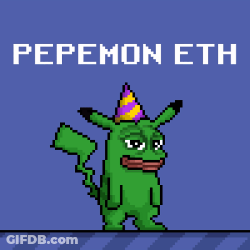 A Pixel Art Of A Pikachu Wearing A Party Hat With The Words Pepemon Eth Above It GIF