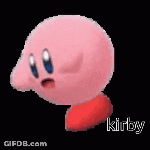 A Pixel Art Of A Pink Kirby With Blue Eyes And Red Feet . GIF