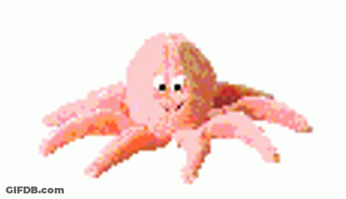 A Pixel Art Of A Pink Octopus With A Smiling Face On A White Background . GIF