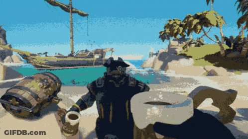A Pixel Art Of A Pirate On A Beach With A Barrel GIF