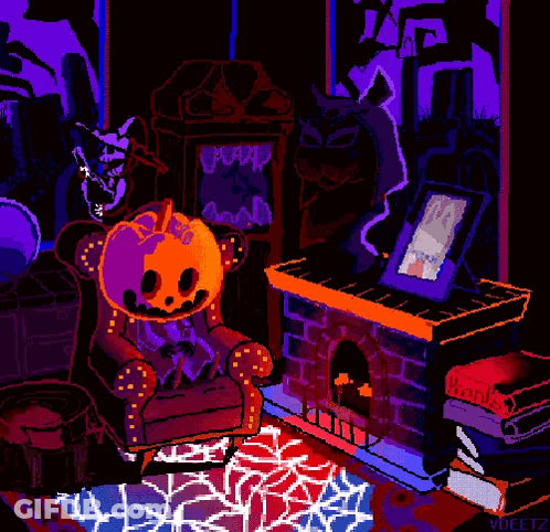 A Pixel Art Of A Pumpkin Sitting In A Chair Next To A Fireplace GIF