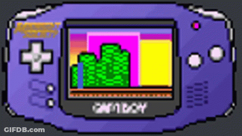 A Pixel Art Of A Purple Game Boy With A Game On It GIF