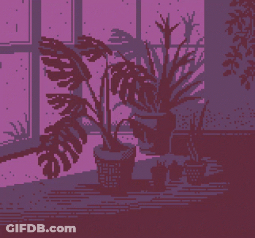 A Pixel Art Of A Purple Room With Plants In Pots GIF