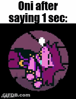 A Pixel Art Of A Purple Unicorn With The Words `` Oni After Saying 1 Sec '' Written Above It . GIF