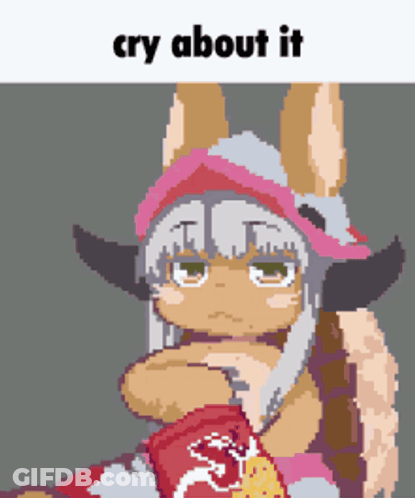 A Pixel Art Of A Rabbit Holding A Bag Of Chips With The Words Cry About It Below It GIF