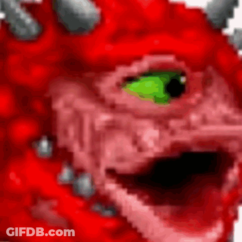 A Pixel Art Of A Red Monster With A Green Eye And Horns . GIF