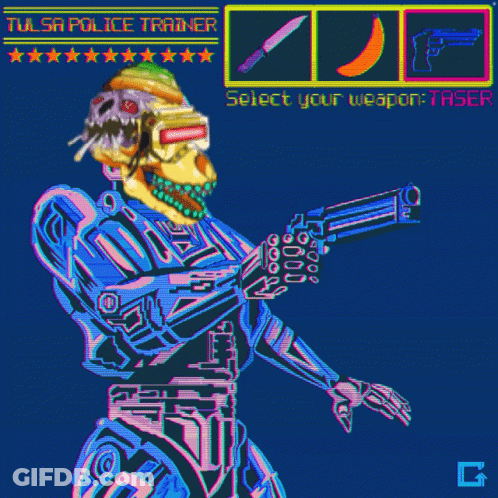 A Pixel Art Of A Robot Holding A Gun With The Words Select Your Weapon Taser Below It GIF