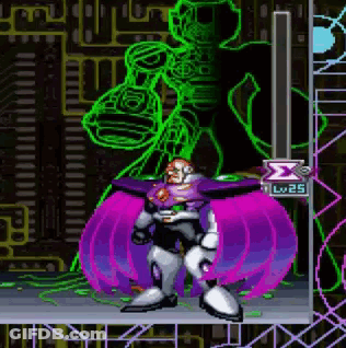 A Pixel Art Of A Robot In A Video Game With A Purple Cape And A Green Background . GIF