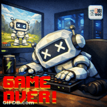A Pixel Art Of A Robot Playing A Video Game With The Words Game Over In Red GIF