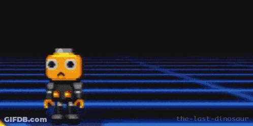 A Pixel Art Of A Robot Standing In Front Of A Giant Dinosaur . GIF