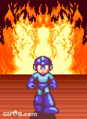 A Pixel Art Of A Robot Standing In Front Of A Large Fire GIF