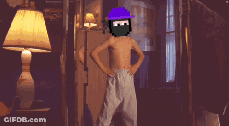 A Pixel Art Of A Shirtless Man With A Purple Hat And A Black Mask GIF