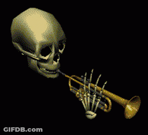 A Pixel Art Of A Skeleton Blowing A Trumpet On A Black Background GIF