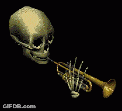 A Pixel Art Of A Skeleton Blowing A Trumpet GIF