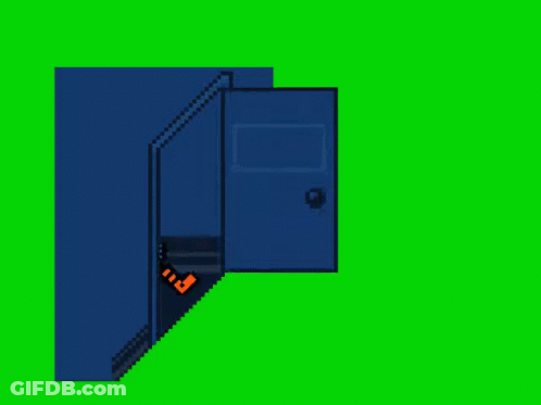 A Pixel Art Of A Skeleton Standing In Front Of A Door . GIF