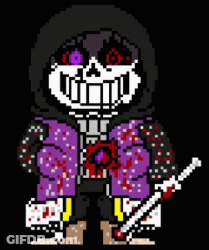 A Pixel Art Of A Skeleton Wearing A Purple Jacket And Holding A Bloody Knife . GIF
