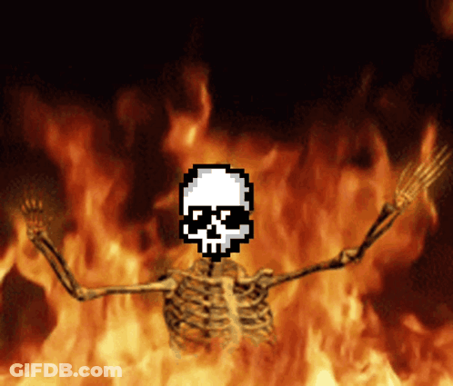 A Pixel Art Of A Skeleton With A Skull On His Head In Front Of Flames GIF