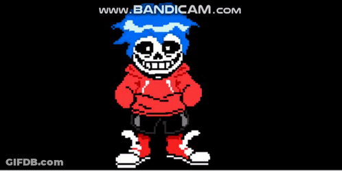 A Pixel Art Of A Skeleton With Blue Hair And A Red Hoodie GIF