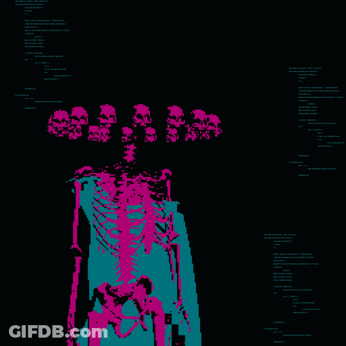 A Pixel Art Of A Skeleton With Skulls Hanging From It GIF