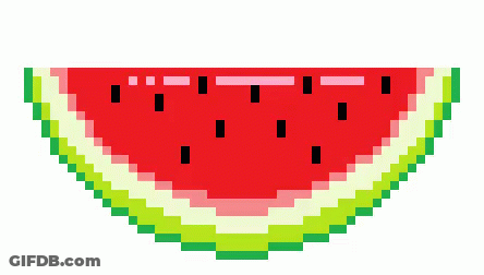 A Pixel Art Of A Slice Of Watermelon With Black Seeds GIF