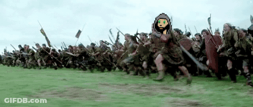 A Pixel Art Of A Soldier Leading A Army Of Soldiers In A Field . GIF