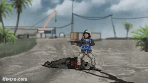 A Pixel Art Of A Soldier With A Gun Standing Next To A Dead Body GIF