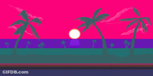 A Pixel Art Of A Sunset On A Beach With Palm Trees In The Foreground GIF