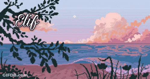 A Pixel Art Of A Sunset Over The Ocean With The Name Elif On The Top GIF